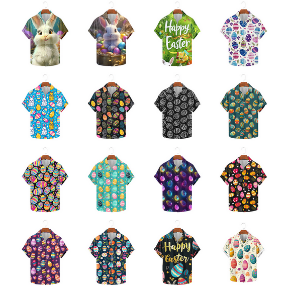 ZRGHAOYLQ Easter Mens Hawaiian Shirts Cute Bunny Print Button Down Tee Shirts Holiday Short Sleeve Easter Shirts Big and Tall Summer Beach Vacation T-Shirts