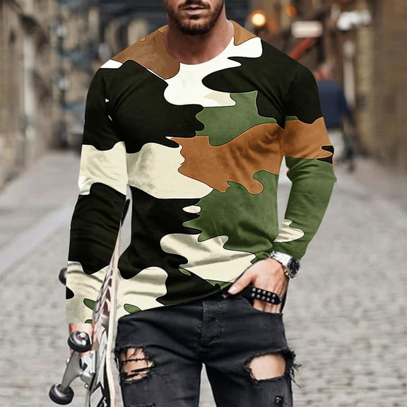ZRGHAOYLQ Fashion Long Sleeve T-shirt for Men Camouflage Graphic Tee Casual Loose Crewneck Pullover Tees Big and Tall Cool Streetwear Tops