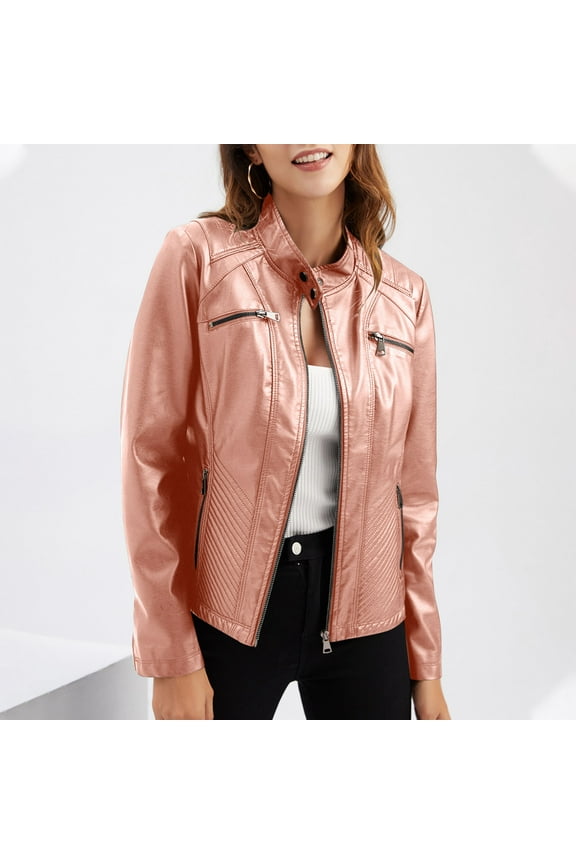 Faux Leather Jackets for Women Motorcycle PU Moto Short Jacket Full Zip Up Biker Outwear Coat Slim Fit Stand Neck Coats Casual Bomber Jacket