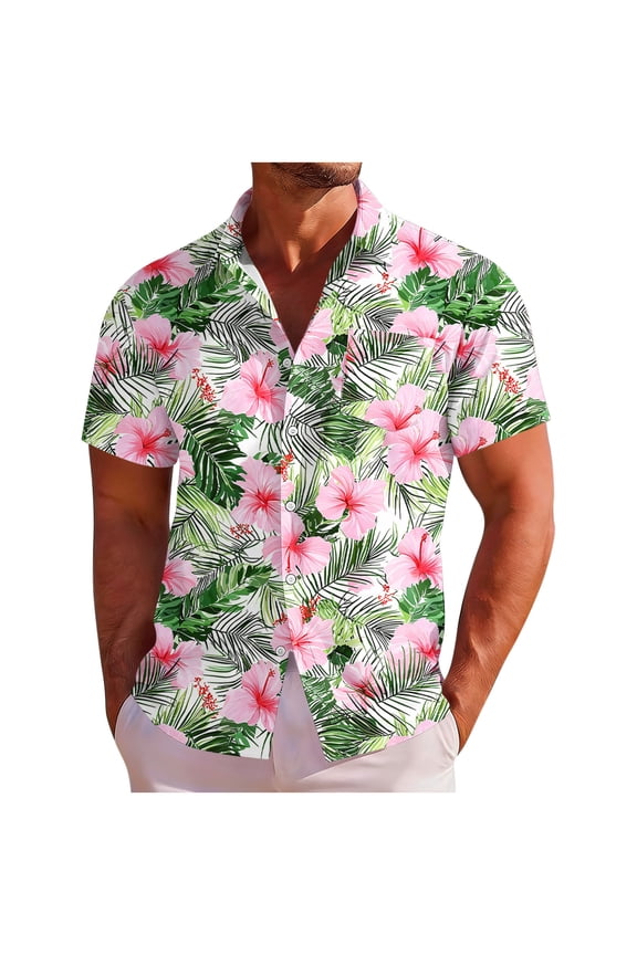 Floral Print Shirt for Men Hawaiian Beach Casual Tshirts Trendy Short Sleeve Tees Button Down Lapel Blouse Lightweight Loose Fit Shirts
