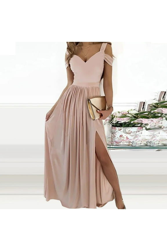 ZRGHAOYLQ Formal Dresses for Women Elegant Cold Shoulder Evening Party Gown Dressy V Neck Wedding Guest Maxi Dress Pink L