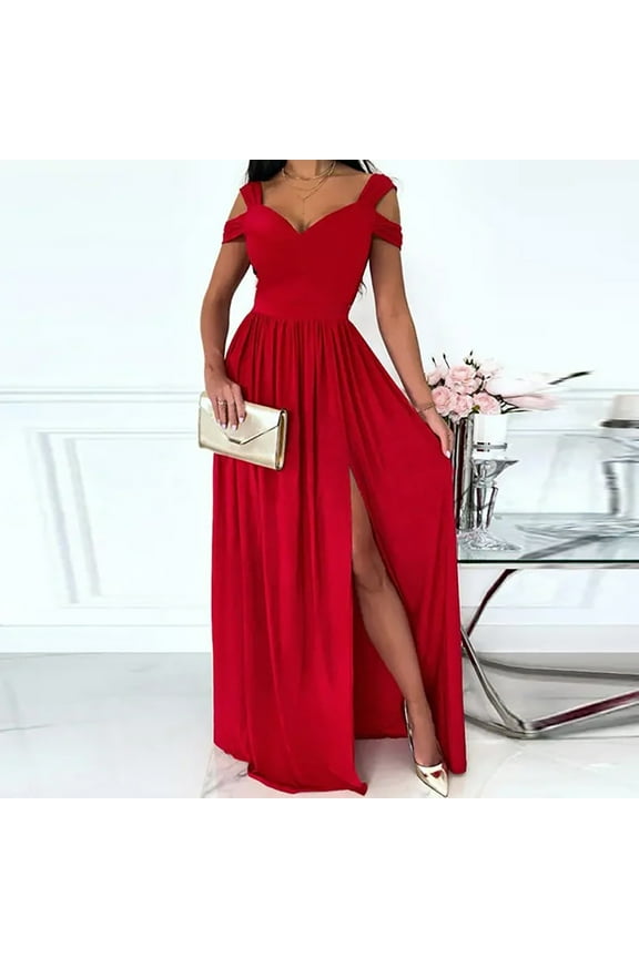 ZRGHAOYLQ Formal Dresses for Women Elegant Cold Shoulder Evening Party Gown Dressy V Neck Wedding Guest Maxi Dress Red L