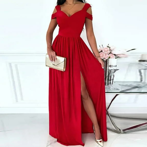 ZRGHAOYLQ Formal Dresses for Women Elegant Cold Shoulder Evening Party Gown Dressy V Neck Wedding Guest Maxi Dress Red XL