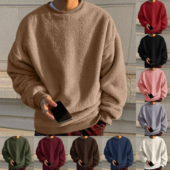 ZRGHAOYLQ Fuzzy Fleece Sweatshirt for Men Big and Tall Fall Winter Warm Shirts Casual Long Sleeve Pullover Comfort Loose Fit Sweatshirts Solid Color Crewneck Pullovers Brown XXXXL