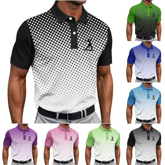 ZRGHAOYLQ Gradient Geometric Printed T Shirts for Men Short Sleeve Fashion Shirt Lapel Collar 1/4 Button Tops Soft Breathable Athletic Golf Tee