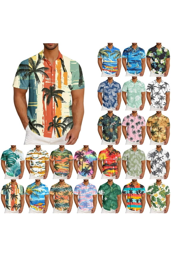 Hawaiian Shirt for Men Yellow Palm Tree Graphic Tees Tropical Vacation Short Sleeve Button Down Shirts with Pockets Summer Casual Beach Shirts