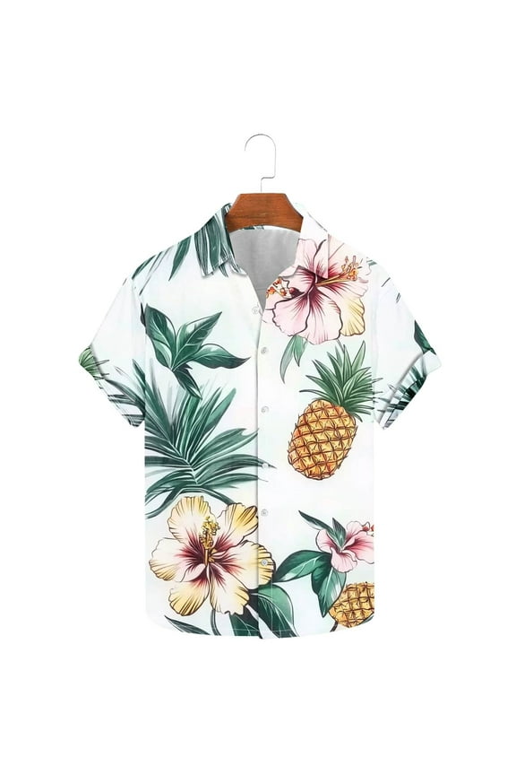 Hawaiian Shirts for Men Wrinkle Free Short Sleeve Tops Funny Pineapple Tropical Print Shirt Button Down Summer Beach Aloha Shirts Breathable Casual Floral Vacation Travel Top