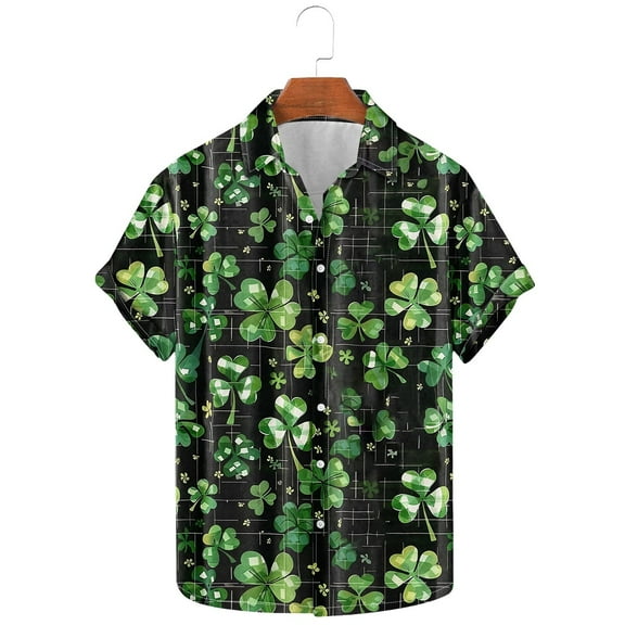 ZRGHAOYLQ Hawaiian Shirts for Men Casual Short Sleeve Button Down Shirt Trendy Shamrock Graphic St. Patrick's Day Tops Beach Holiday Tees Shirt