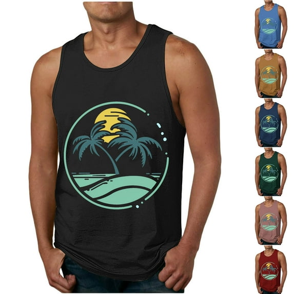 ZRGHAOYLQ Hawaiian Sleeveless Tank Tops Mens Big and Tall Cotton Tank Top Beach Palm Tree Graphic Tees Loose Fit Crewneck Clothes