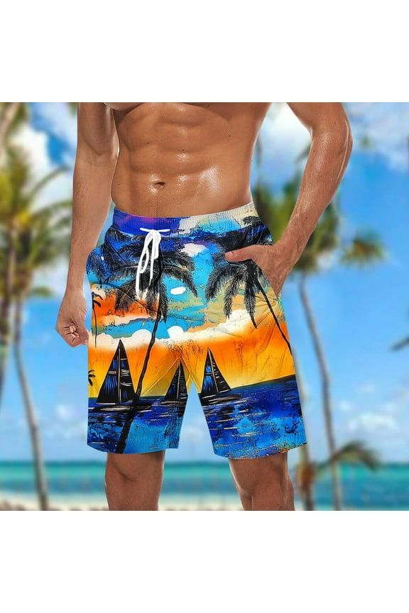 Hawaiian Swimming Shorts for Men Big and Tall Swim Trunks Trend Tropical Printed 5 Inch Shorts Classic Quick Dry Drawstring Beach Shorts with Pockets