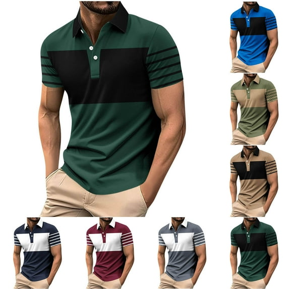 ZRGHAOYLQ Henley Business Casual Shirts for Men Plus Size Short Sleeve Button Up Shirt Big and Tall Collared Pullover Slim Fit Color Block Muscle Tshirts
