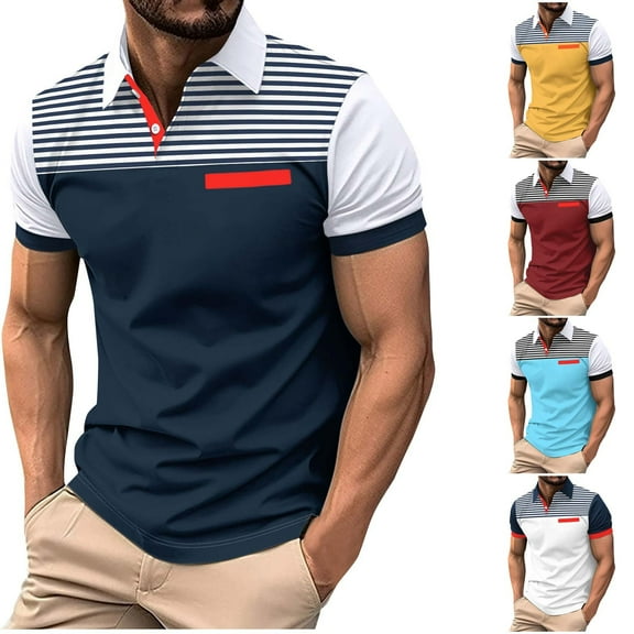 ZRGHAOYLQ Henley Business Casual Shirts for Men Plus Size Short Sleeve Button Up Shirt Slim Fit Striped Graphic Muscle Tshirts Big and Tall Collared Pullover with Chest Pockets