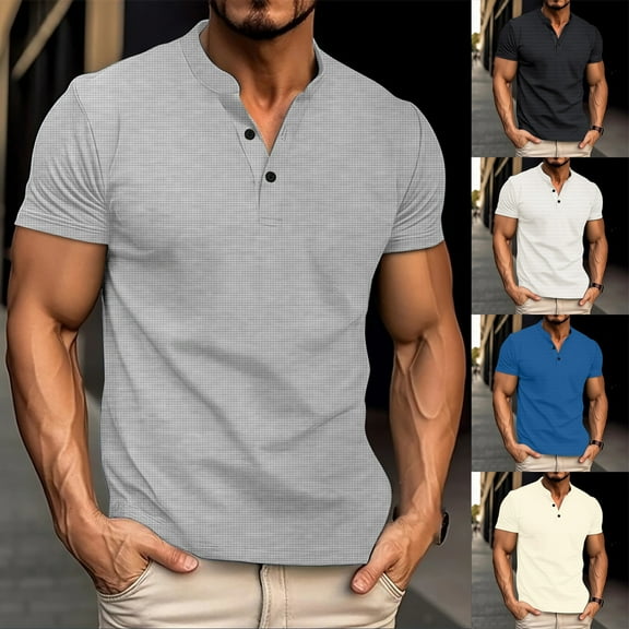 ZRGHAOYLQ Henley Muscle Shirts for Men Plus Size Short Sleeve Shirt Tops Big and Tall Solid Tshirts Lightweight Button Up V Neck T Shirts