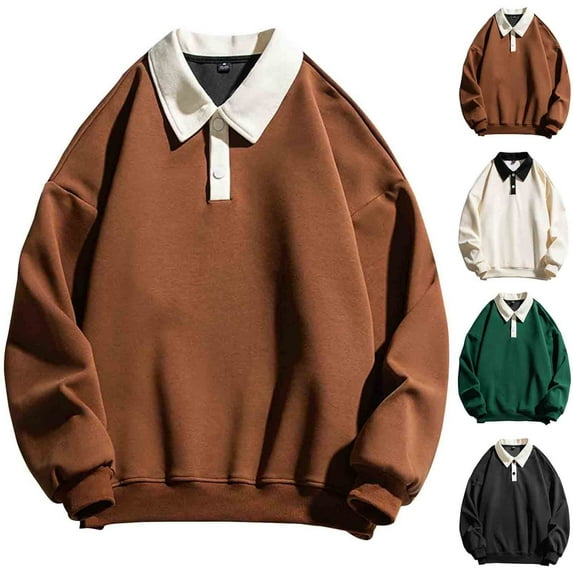 ZRGHAOYLQ Henley Sweatshirts for Men Lapel Collar Drop Shoulder Casual Long Sleeve Pullover Sweatshirt Tops Solid Color Button Up Shirt White L