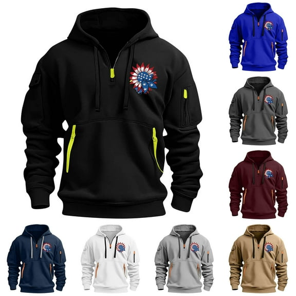 ZRGHAOYLQ Hoodies for Men Quarter Zip Sweatshirts Long Sleeve Pullover Casual Fashion American Flag Drawstring Hoodie with Cargo Pocket Tactical Hooded Sweatshirts
