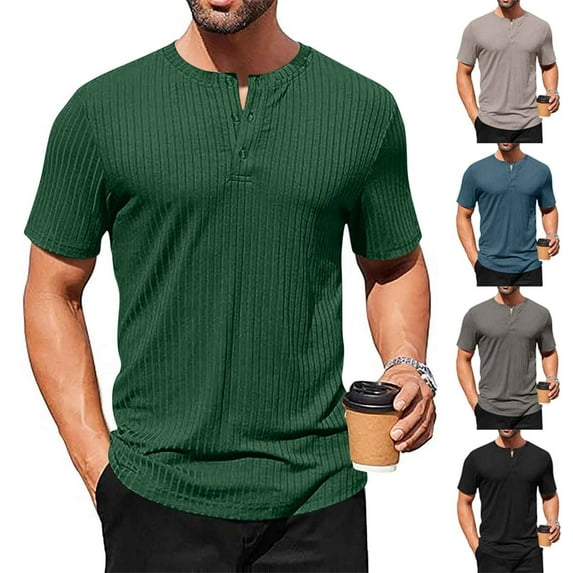 ZRGHAOYLQ Knitted Striped Texture Shirt Men Henley Short Sleeve Big and Tall T Shirts Business Casual Solid Color T-Shirts Plus Size Button Up Shirt
