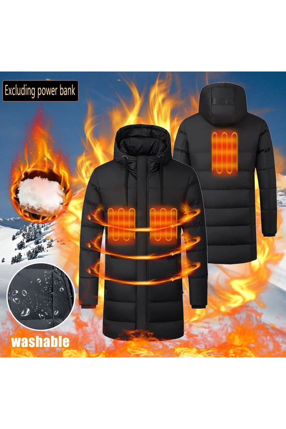 Long Heated Winter Jackets Unisex Outdoor Hiking Outerwear 3 Heating Area Smart Electric Heated Jacket Skiing Thermal Hooded Heated Clothes Winter Usb Rechargeable Down Coats with Hood
