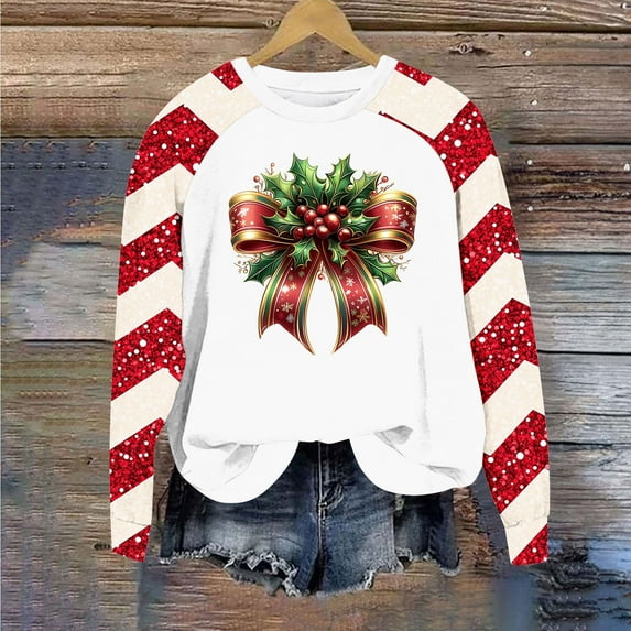 ZRGHAOYLQ Long Sleeve Sequin Shirt Womens Christmas Crewneck Sweatshirts Plus Size Christmas Bow Graphic Shirts for Christmas Gifts Fall Winter Raglan Sleeve Pullover Tops