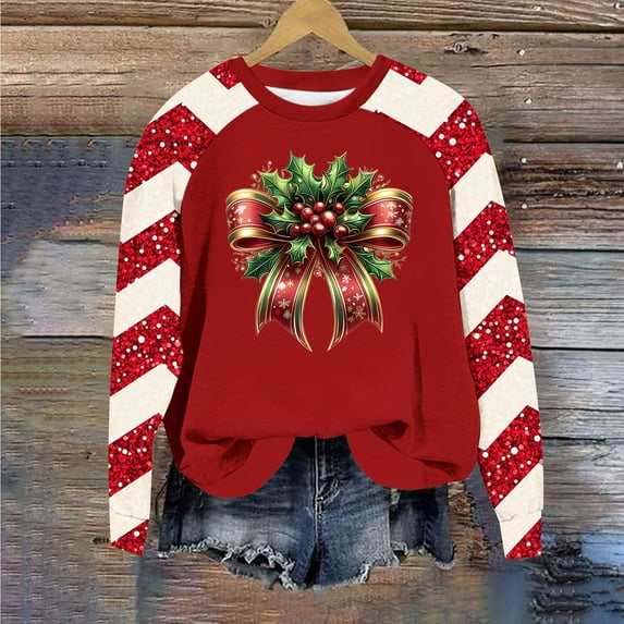 ZRGHAOYLQ Long Sleeve Sequin Shirt Womens Christmas Crewneck Sweatshirts Plus Size Christmas Bow Graphic Shirts for Christmas Gifts Fall Winter Raglan Sleeve Pullover Tops