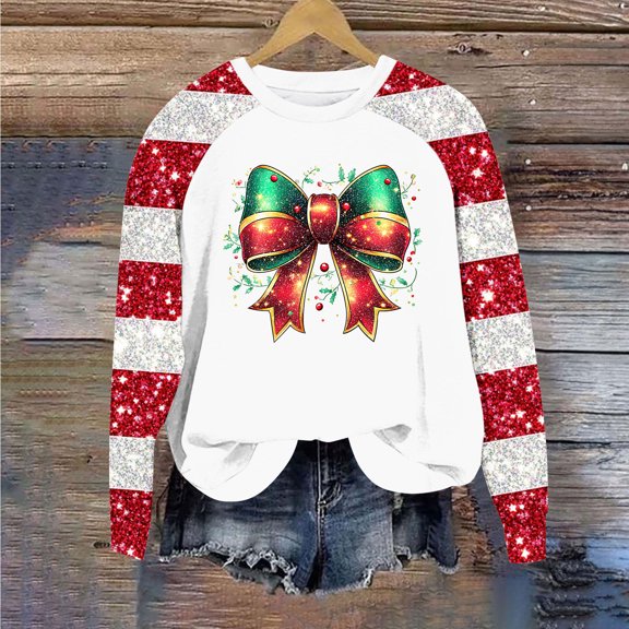 ZRGHAOYLQ Long Sleeve Sparkly Sequin Pullover Top Womens Christmas Bow Print Sweatshirt Christmas Crewneck Sweatshirts for Christmas Gifts Fall Winter Raglan Sleeve Christmas Holiday Shirts Tops