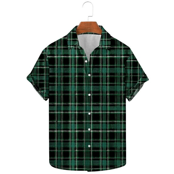 ZRGHAOYLQ Men Green Plaid Shirt Casual Short Sleeve Button Down Dress Shirts Big and Tall Plus Size T Shirts Classic Lapel Collar Shirt