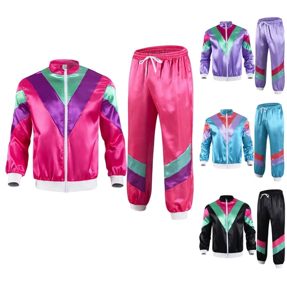 ZRGHAOYLQ Men's 80s Disco Tracksuit Costume Color Block Retro Full Zip Jacket and Jogger Pants for Halloween and Themed Parties