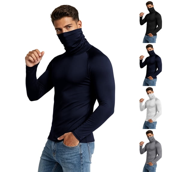 ZRGHAOYLQ Men's Athletic Shirts Long Sleeve Fitness Running Shirts Balaclava Turtleneck High Stretchy Tops Warm Thermal Face Mask Base Shirts