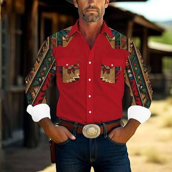 ZRGHAOYLQ Men's Aztec Shirts 2025 Long Sleeve Button Down T Shirts Loose Fit Casual Western Cowboy Shirt Tops Trendy Patchwork Lapel Tops with Pockets Big and Tall Plus Size Shirts