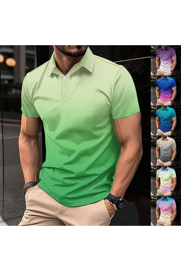 Men's Big and Tall Gradient Color Print Shirts Short Sleeve Casual Button Collar Shirt Breathable Comfort Casual Tops