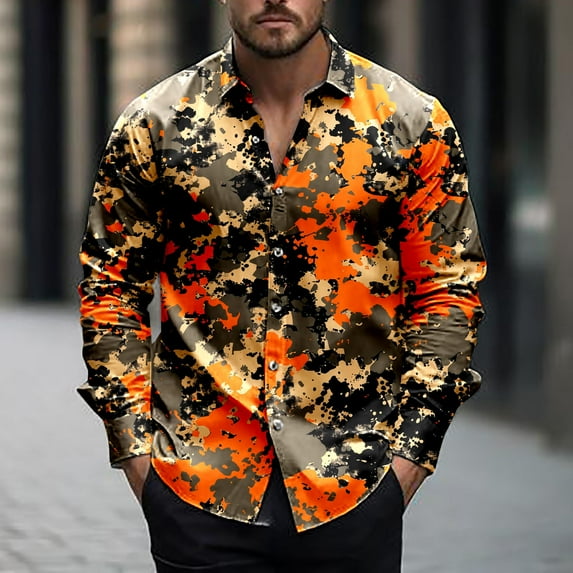 ZRGHAOYLQ Men's Camo Long Sleeve Tactical Shirts Big and Tall Button Down Shirt Tops Retro Camouflage Print Shirt Casual Lapel Collar Shirt
