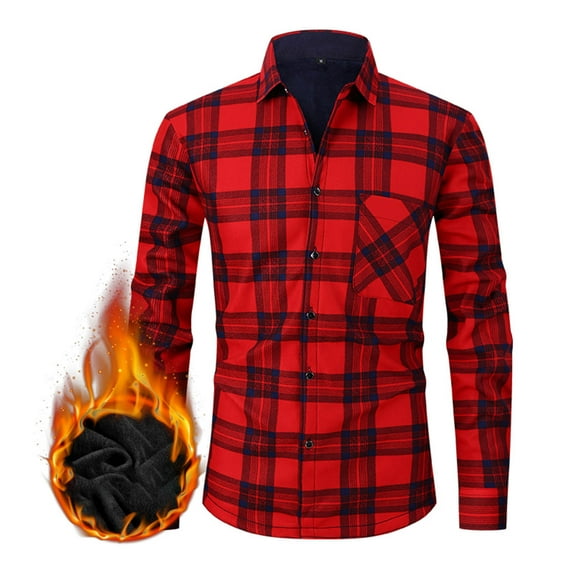 ZRGHAOYLQ Men's Flannel Shirt Jacket Thick Fleece Lined Jackets Plaid Sherpa Jacket Winter Jackets Long Sleeve Red Plaid Fuzzy Lapel Collar Jacket with Pockets