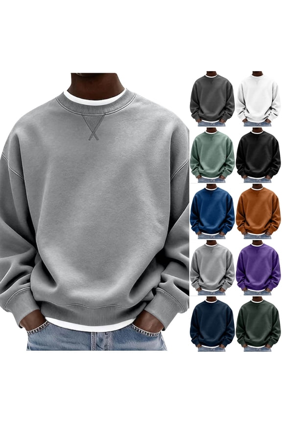 Men's Fleece Crewneck Sweatshirt Casual Long Sleeve Pullover Fall Winter Warm Blouse Fashion Loose Fit Comfortable Tops