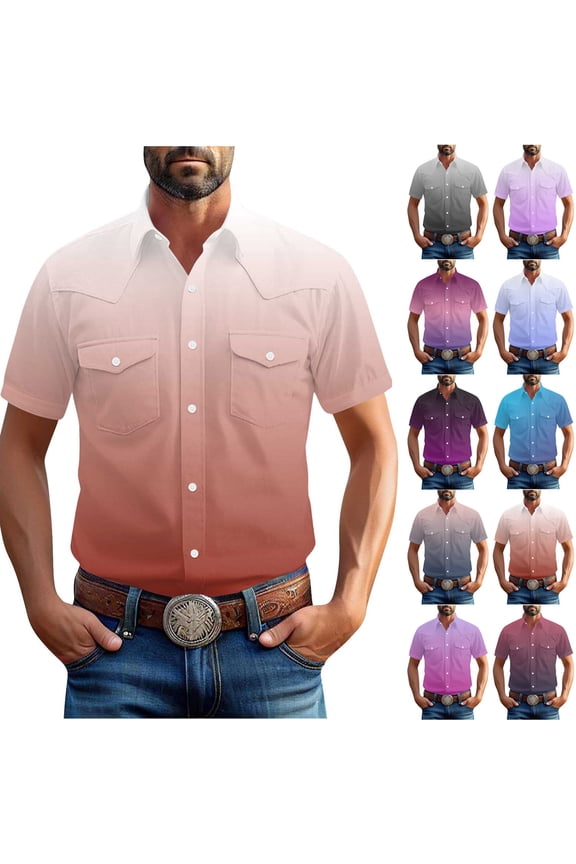 Men's Gradient Western Short Sleeve Shirt Retro Button Down Casual Tops with Dual Chest Pockets Vintage Cowboy Style Shirts for Men