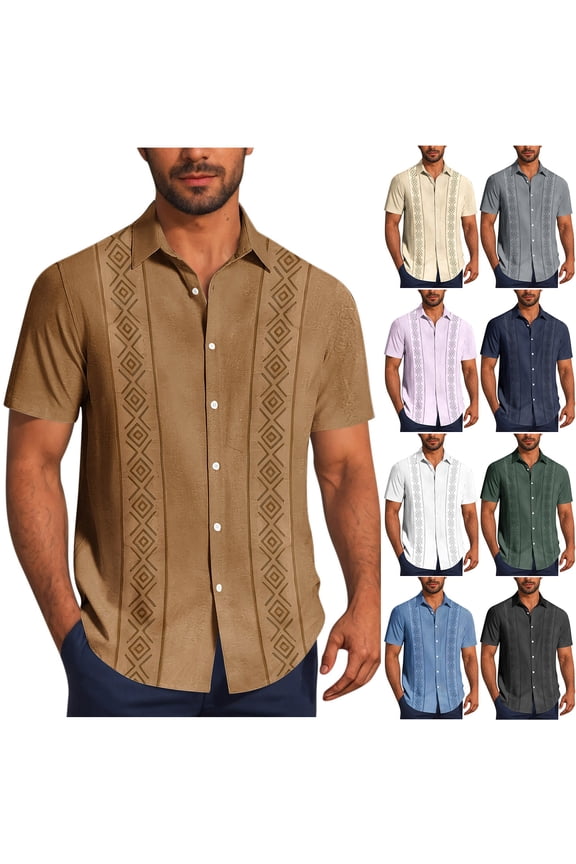 Men's Guayabera Style Button Down Shirt Short Sleeve Geometric Print Casual Tops Retro Cuban Collar Beach Shirts for Men