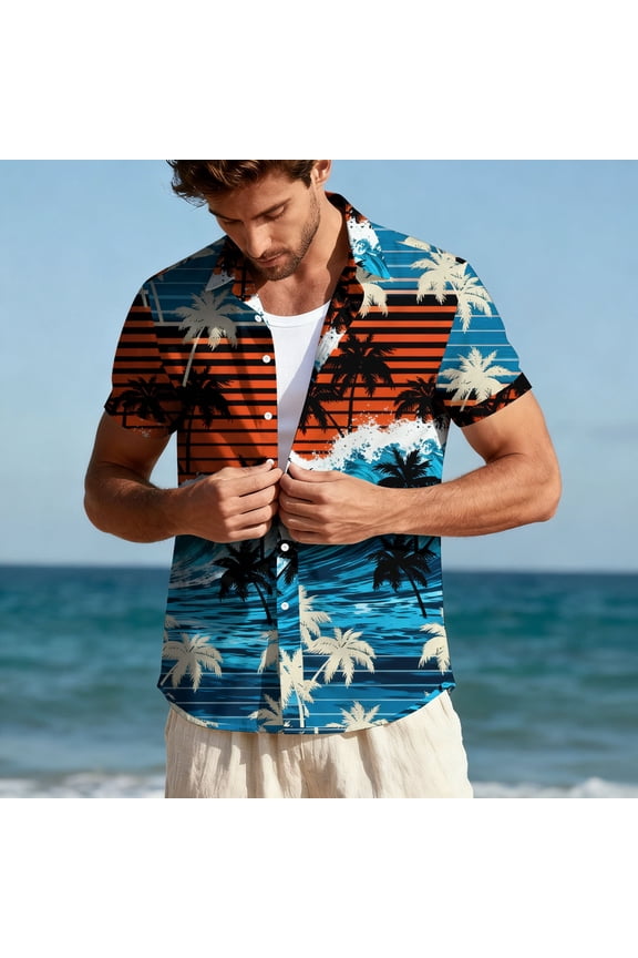 Men's Hawaiian Shirt Short Sleeves Coconut Printed Tops Loose Casual Button Down Shirts Summer Beach Luau Party Shirt 2026