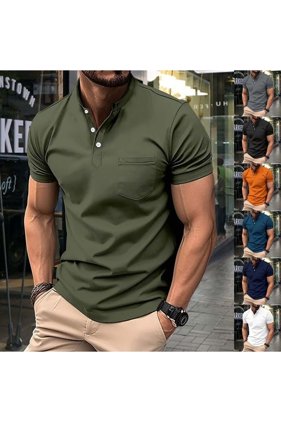 Men's Henley Shirt Short Sleeve Stand Collar Shirts 3 Button Placket T Shirt with Pocket Breathable Casual Tops for Daily Wear and Business Casual