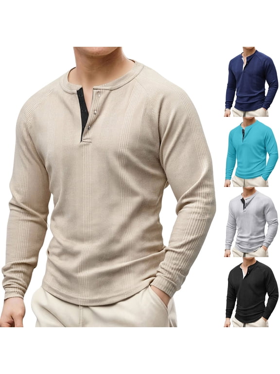 Men's Henley Shirtrs Long Sleeve Button Up Shirt Crew Neck Soft Textured Casual Tops Solid Color Lightweight Casual Blouse