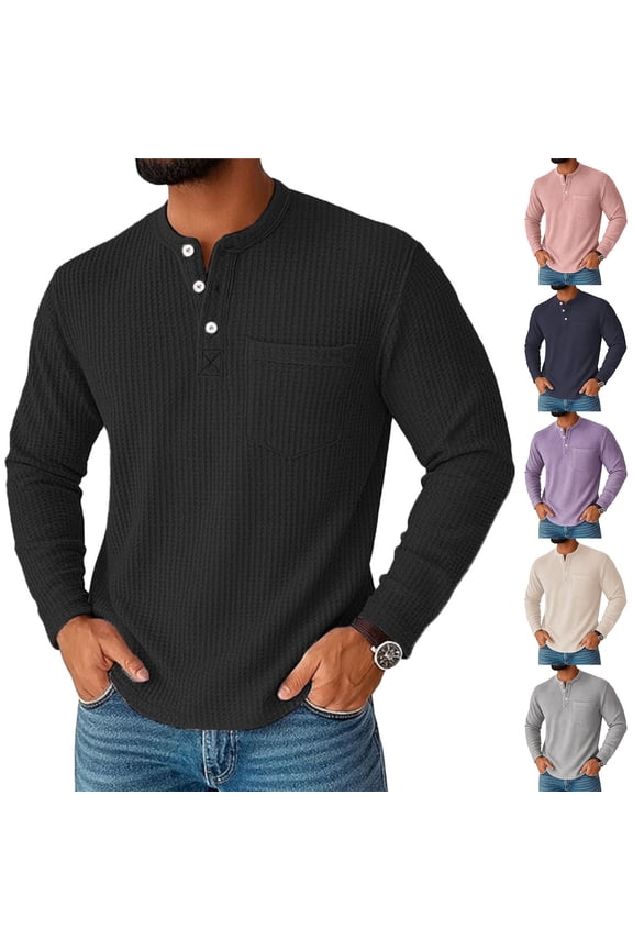 Men's Long Sleeve Henley Shirts Waffle Casual Solid Color Fall Winter Basic Tshirts Button Up Classic Fit T Shirts Breathable Lightweight Comfy Leisure Tops