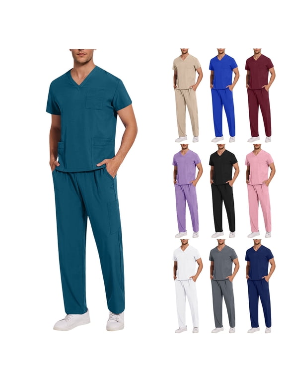 Men's Medical Scrub Sets 2 Piece V Neck Tops and Multi-Pocket Elastic Pants Comfortable Uniform for Nurses Doctors and Healthcare Workers