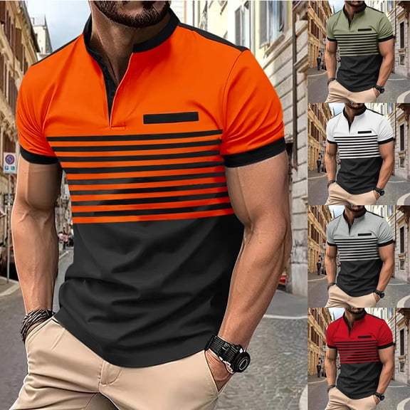 ZRGHAOYLQ Men's Retro Stripe Color Block Business Shirts Short Sleeve Mandarin Collar Half Button Tees Comfy Fit Casual Tops for Daily Wear Streetwear