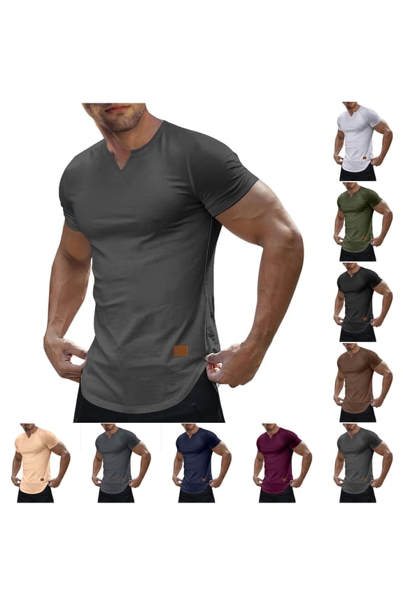 Men's Ribbed Knit V Neck T Shirts Short Sleeve Solid Color T Shirt Slim Fit Textured Casual Tops for Daily Wear