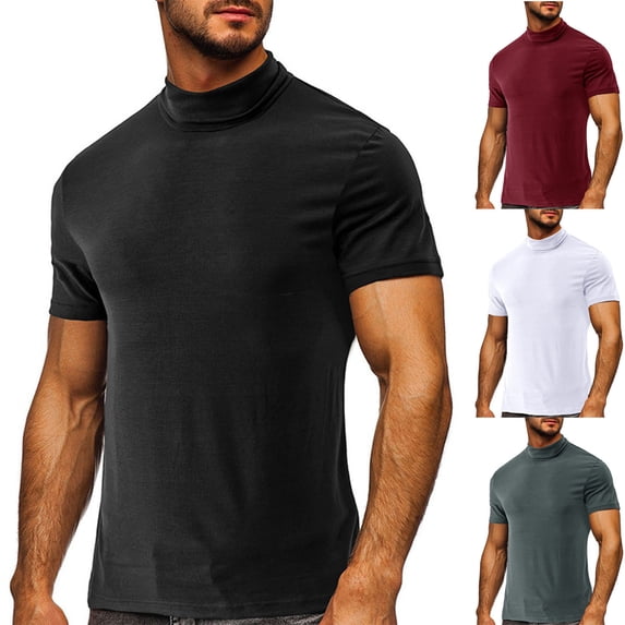 ZRGHAOYLQ Men's Short Sleeve Turtleneck T Shirt Slim Fit Mock Neck Base Layer Solid Color Casual High Neck Tees for Men