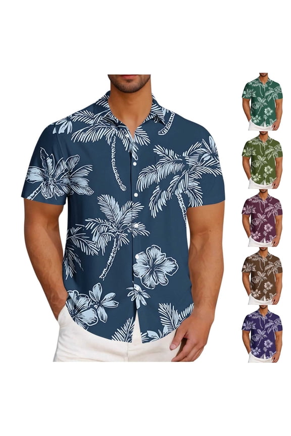 Men's Slim Fit Palm Tree Printed Hawaiian Button-Down Dress Shirt Short Sleeve Lapel Beach Tshirts Plus Size Summer Tropical Vacation Shirts