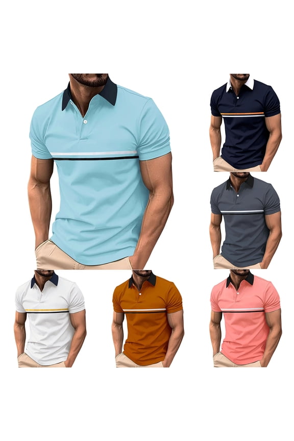 Men's Striped Patchwork Lapel Short Sleeve T Shirt Button Placket Loose Fit Casual Tops Breathable Classic Basic Tees