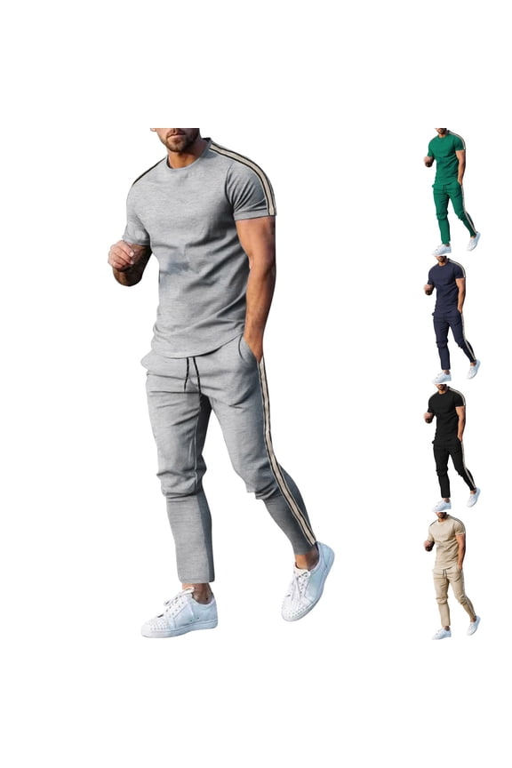 Men's Striped Tracksuit Sets Short Sleeve Crew Neck T Shirts and Side Stripe Jogger Pants Casual Sportswear for Daily Wear and Gym