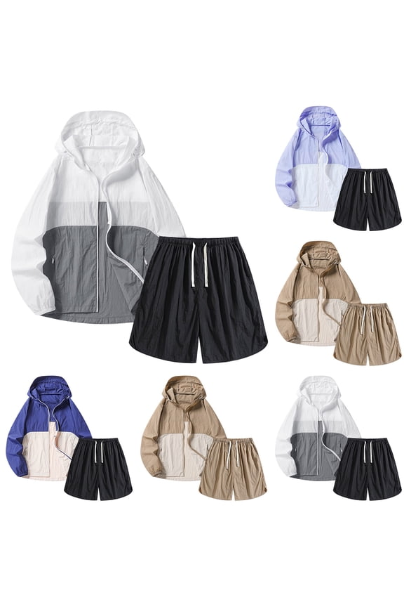 Men's Sun Protection 2 Piece Outfits Color Block Hooded Jacket and Elastic Waist Drawstring Shorts Summer Quick Dry Outdoor Wear Sets