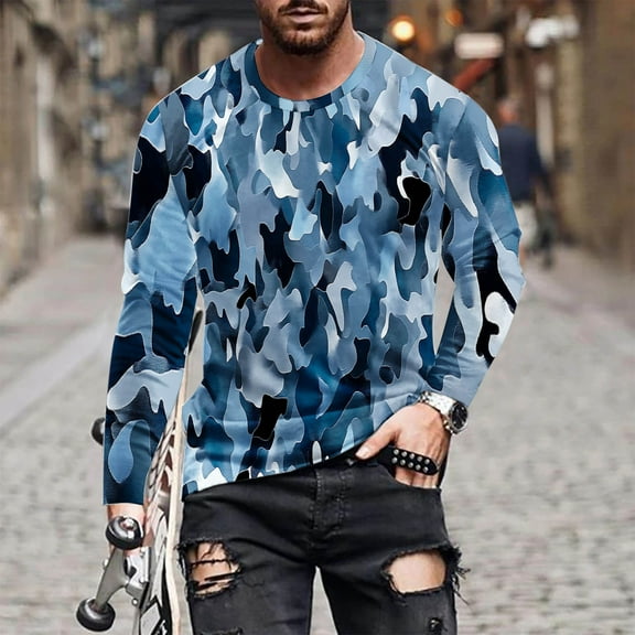 ZRGHAOYLQ Men's T-Shirts On Sale Men's Long Sleeve Crewneck T-Shirt Casual Camo 3D Graphic Tees Fashion Lightweight Tee Tops Slim Fit Workout Muscle Shirts Blue L