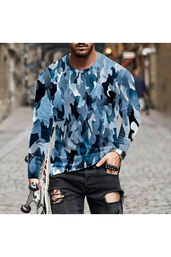 Men's T-Shirts On Sale Men's Long Sleeve Crewneck T-Shirt Casual Camo 3D Graphic Tees Fashion Lightweight Tee Tops Slim Fit Workout Muscle Shirts Blue XL
