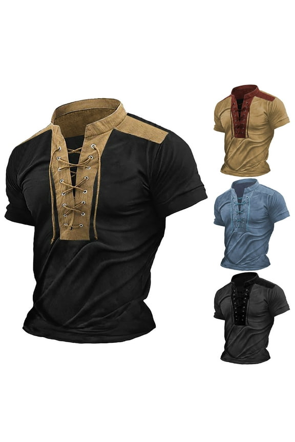 Men's Vintage Short Sleeve Lace Up Shirts for Renaissance Pirate Viking Medieval Costume Color Block Patchwork Top Plus Size Muscle Shirts Big and Tall Stand Collar Shirt Tops