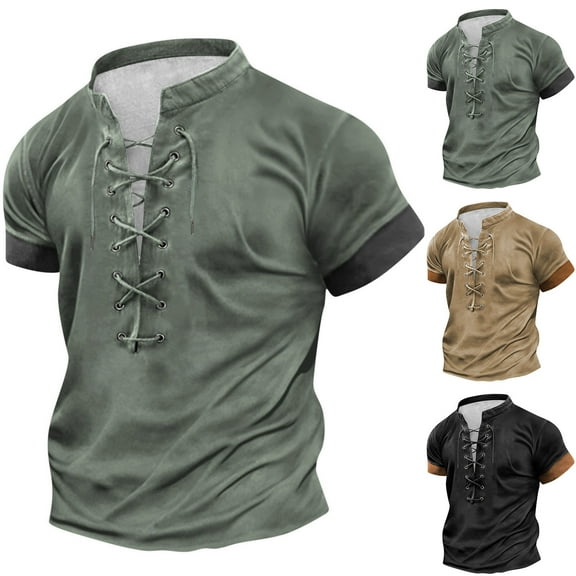 ZRGHAOYLQ Men's Vintage Short Sleeve Lace Up Shirts for Renaissance Pirate Viking Medieval Costume Solid Color Plus Size Muscle Shirts Big and Tall Stand Collar Shirt Tops